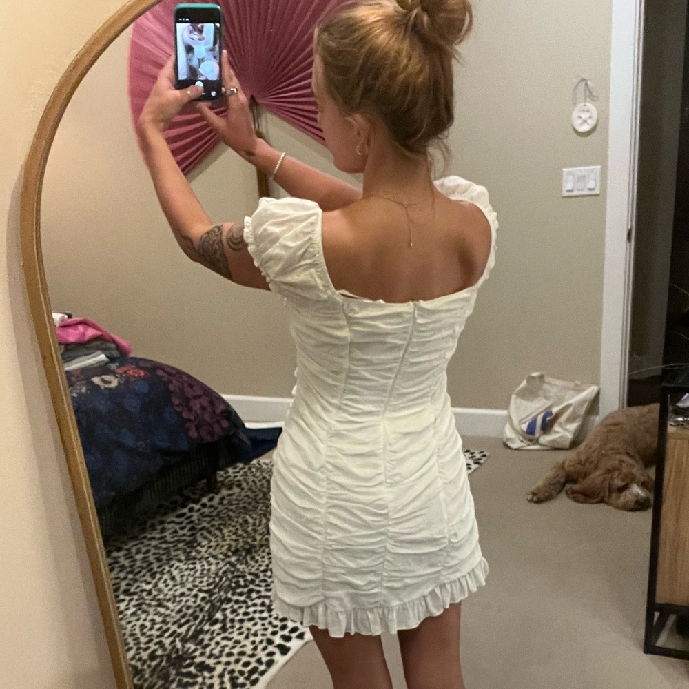 Chic White Ruched Mini Dress - Picture 7 of 7